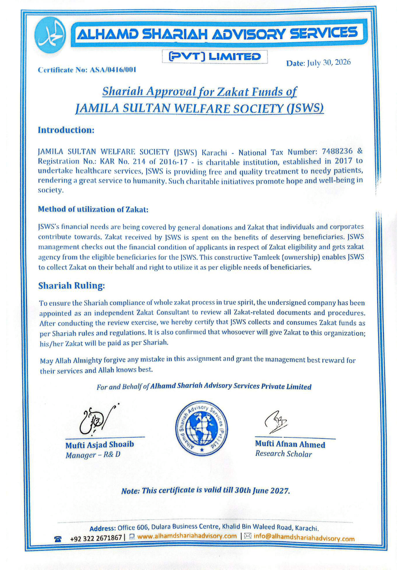 Shariah Approval Certificate for Zakat Funds of JSWS